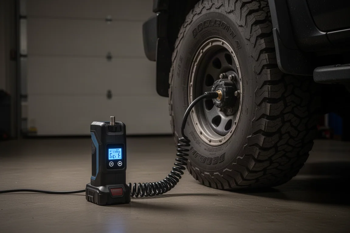 Sladdlös uppumpare ansluten till ett däck på en lastbil i en mörk garage