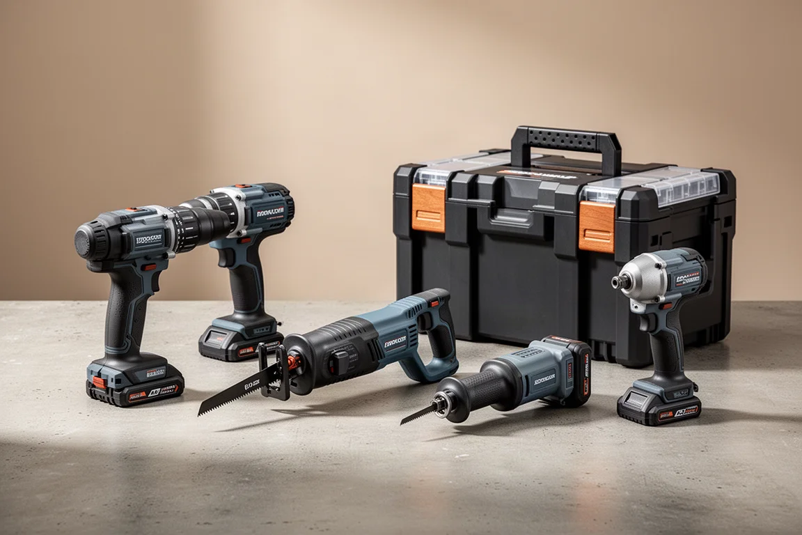 Lineup of cordless power tools and a modular storage box on a concrete workshop surface