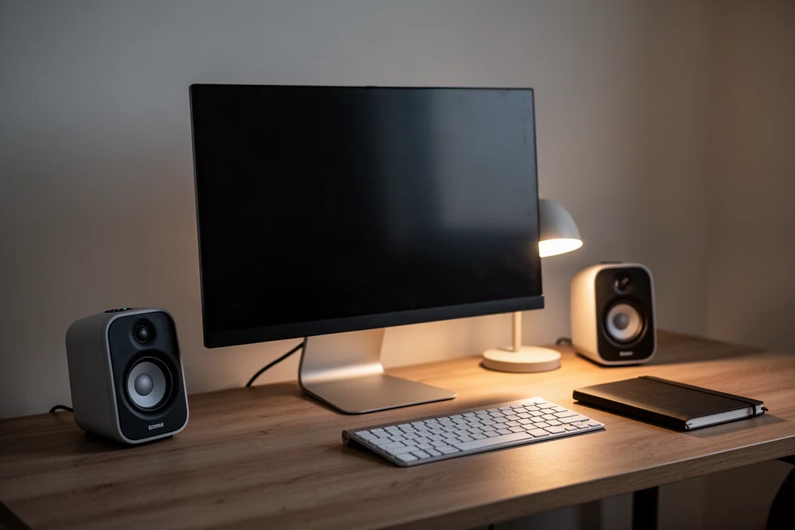 Escritorio de oficina en casa al atardecer con un altavoz activo compacto a cada lado del monitor