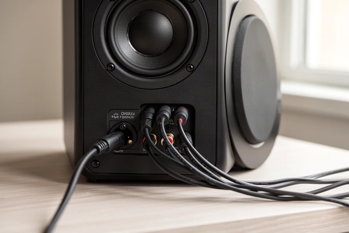 Primer plano del panel trasero de un altavoz con cable de subwoofer y entradas bien organizadas
