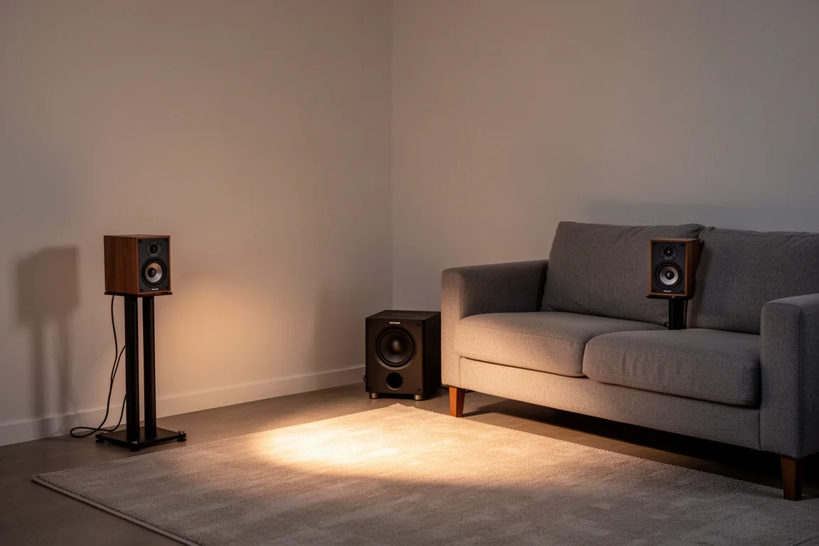 Rincón compacto de un salón por la noche con dos altavoces pequeños y un subwoofer