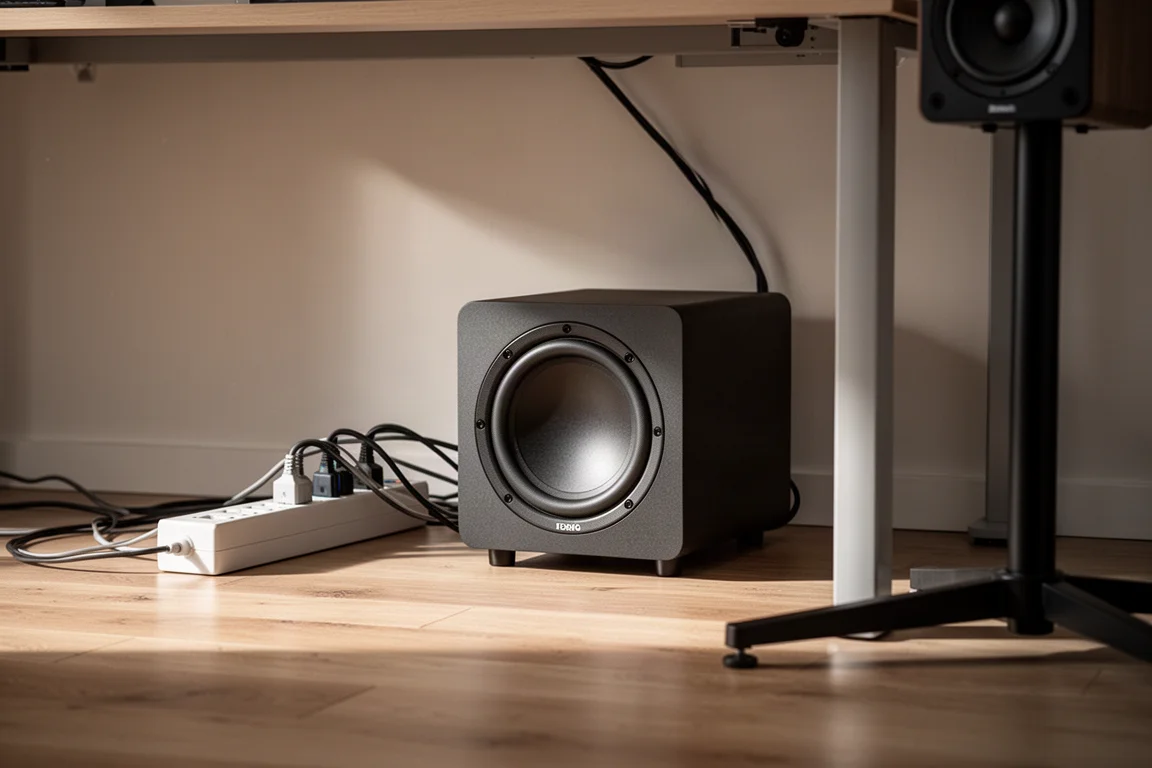 Subwoofer activo pequeño colocado bajo un escritorio de oficina en casa sobre suelo de madera