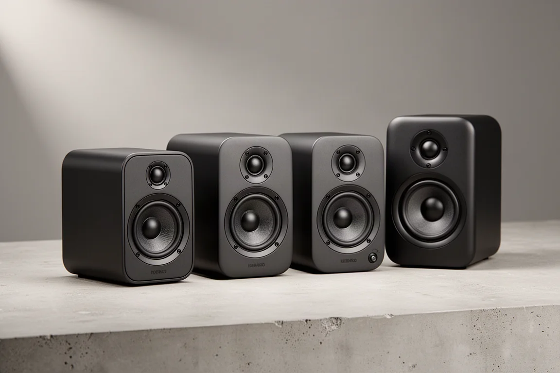 Four powered desktop speakers of different sizes arranged on a concrete surface