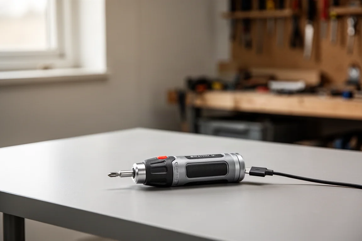 電動螺絲起子透過USB-C傳輸線在桌上充電
