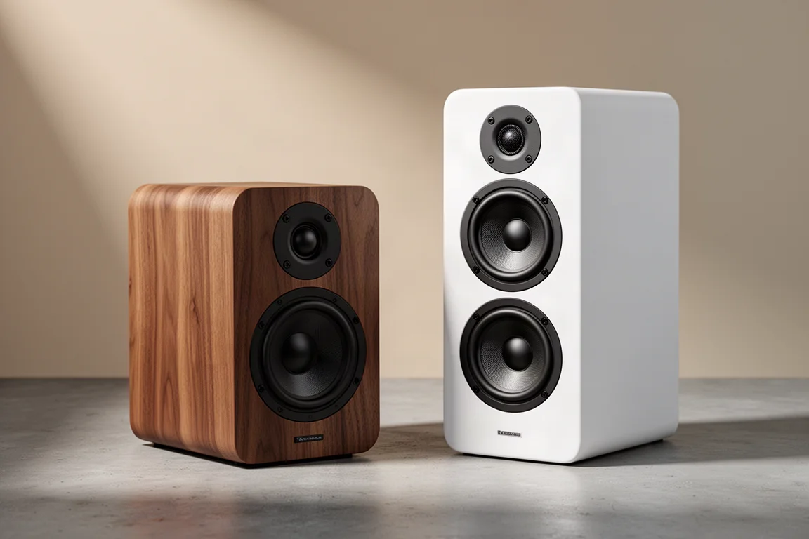 Five pairs of compact powered bookshelf speakers in a row on a pale concrete surface