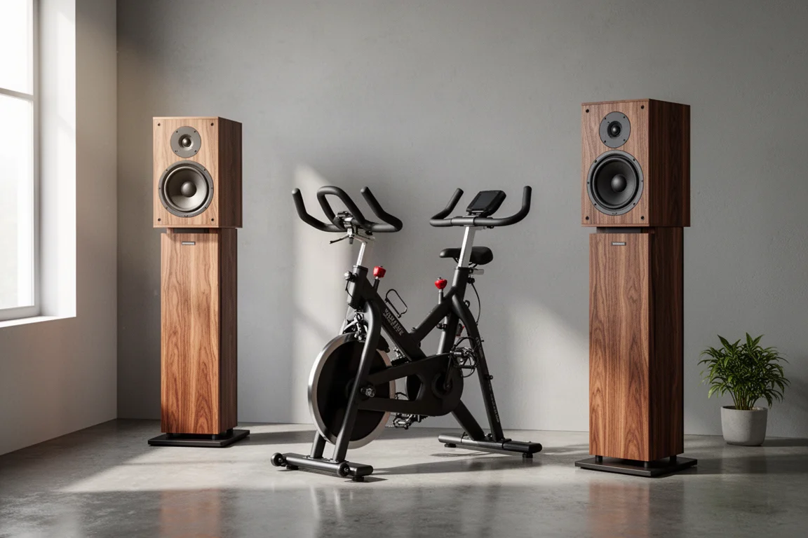 Two walnut stand-mounted speakers beside an exercise bike in a bright home gym corner