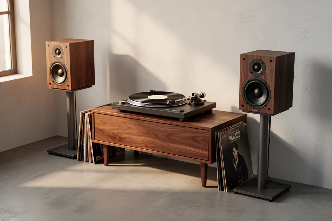 Vinyl listening corner with a turntable and two bookshelf speakers in warm light