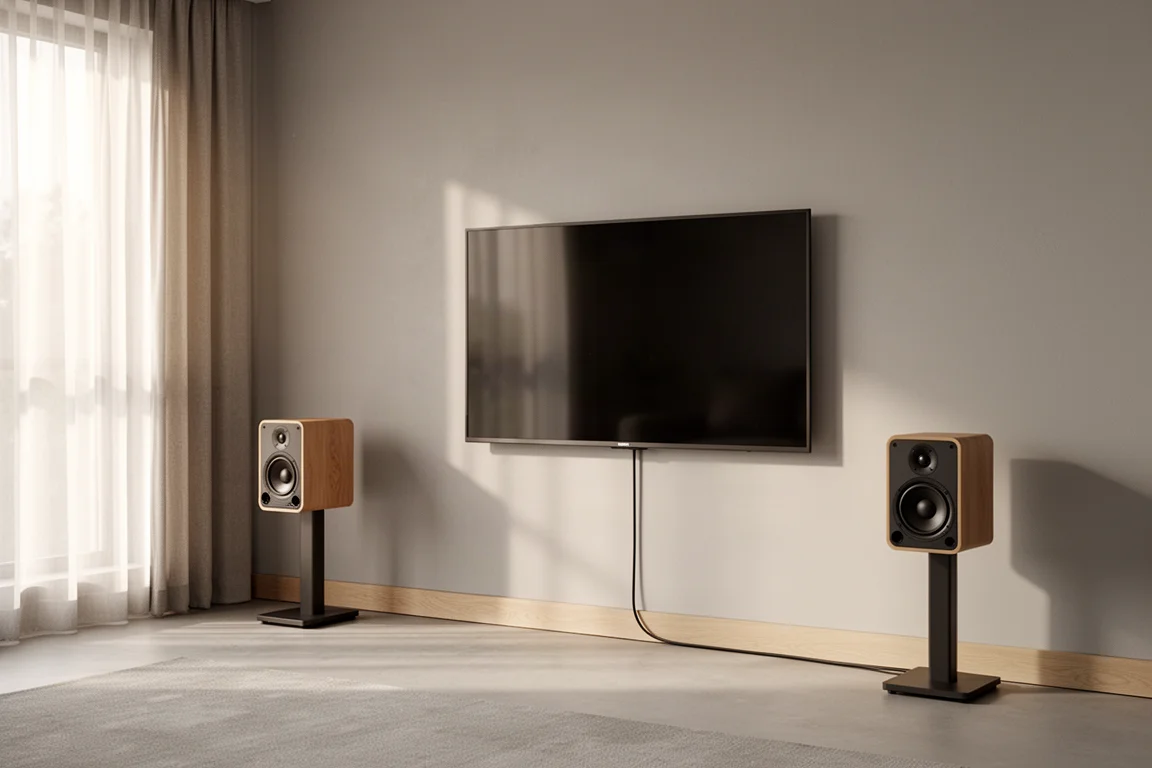 Minimalistisches Wohnzimmer mit zwei kompakten Aktivlautsprechern, die einen wandmontierten Fernseher flankieren