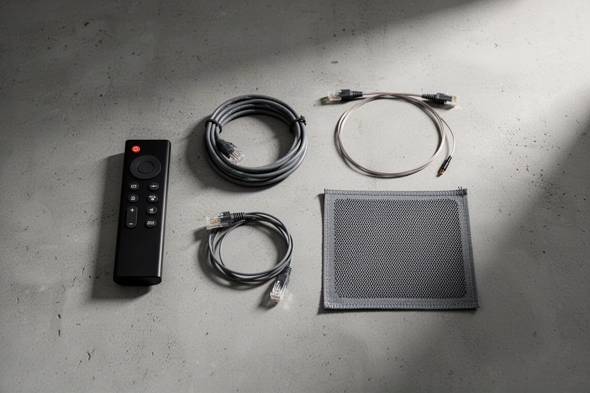 Draufsicht auf eine Fernbedienung, ein Ethernet-Kabel, ein optisches Kabel und Lautsprecherbespannstoff