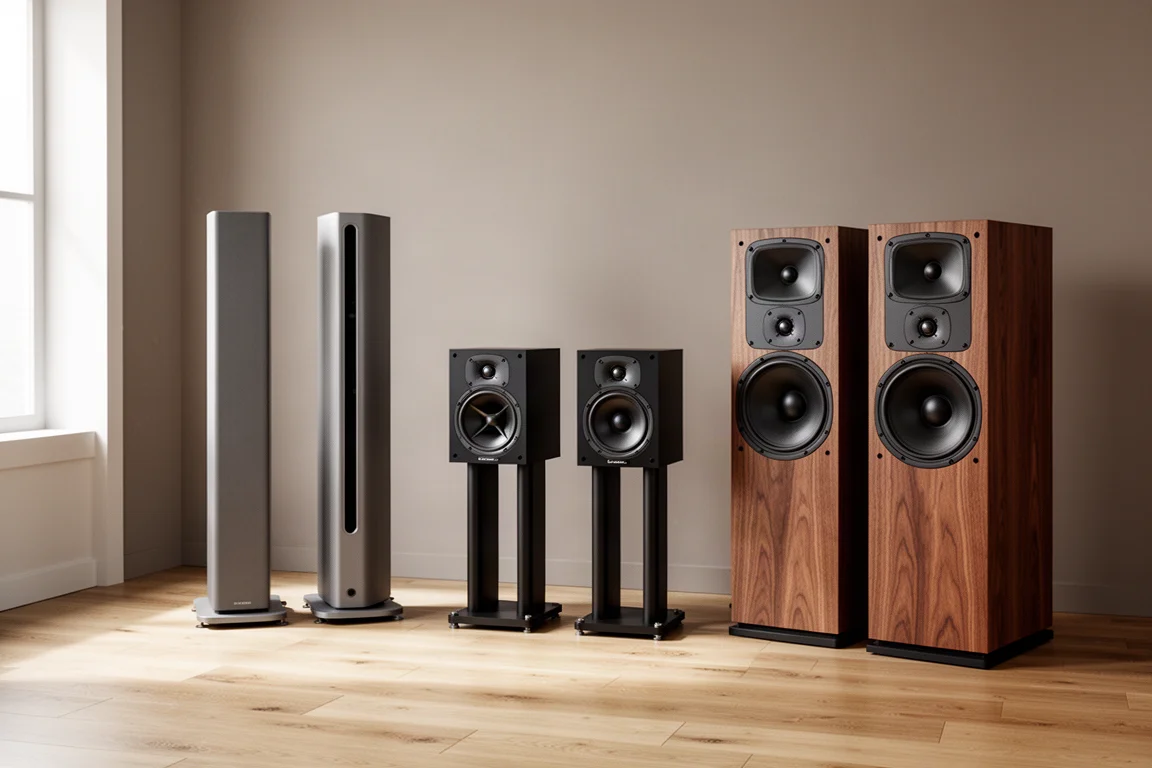 Three pairs of modern powered speakers arranged on a light oak floor in a minimal room
