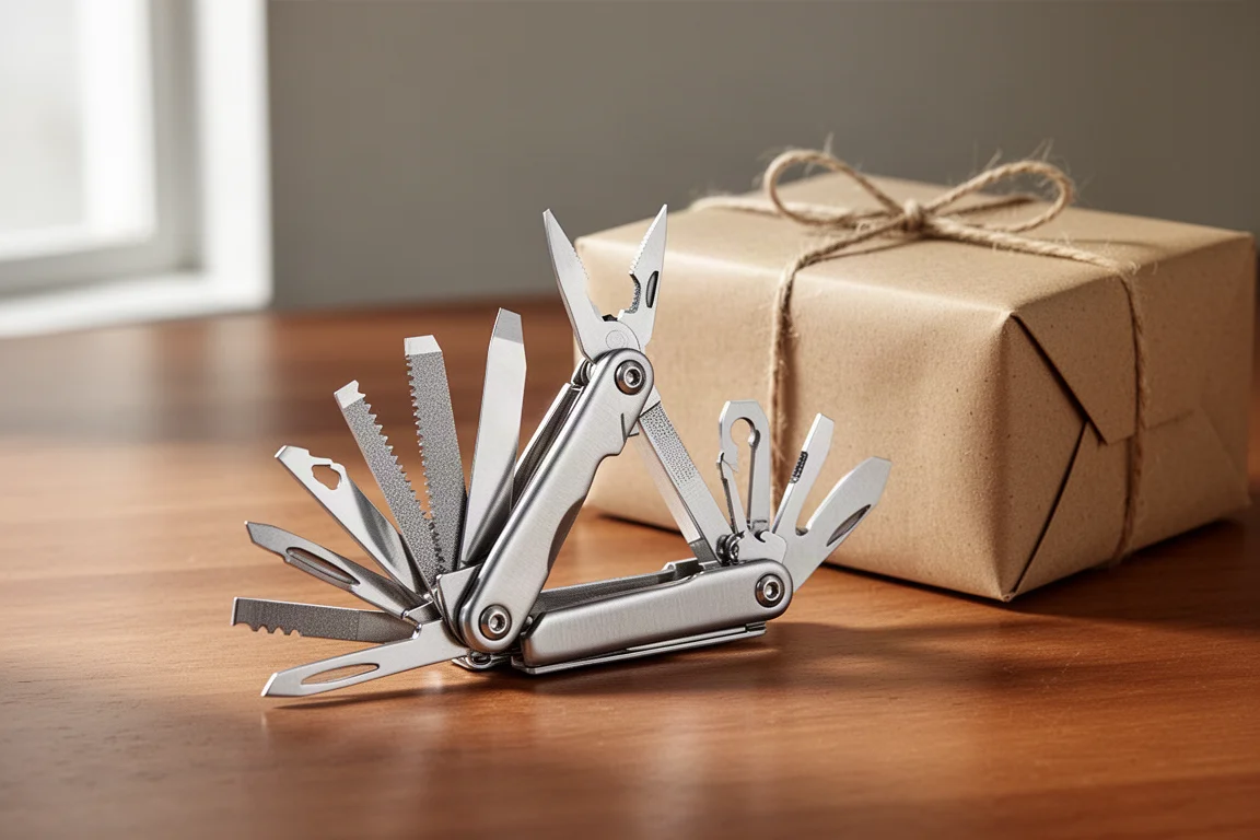 Multi-tool blades fanned open on a wooden desk beside a gift box