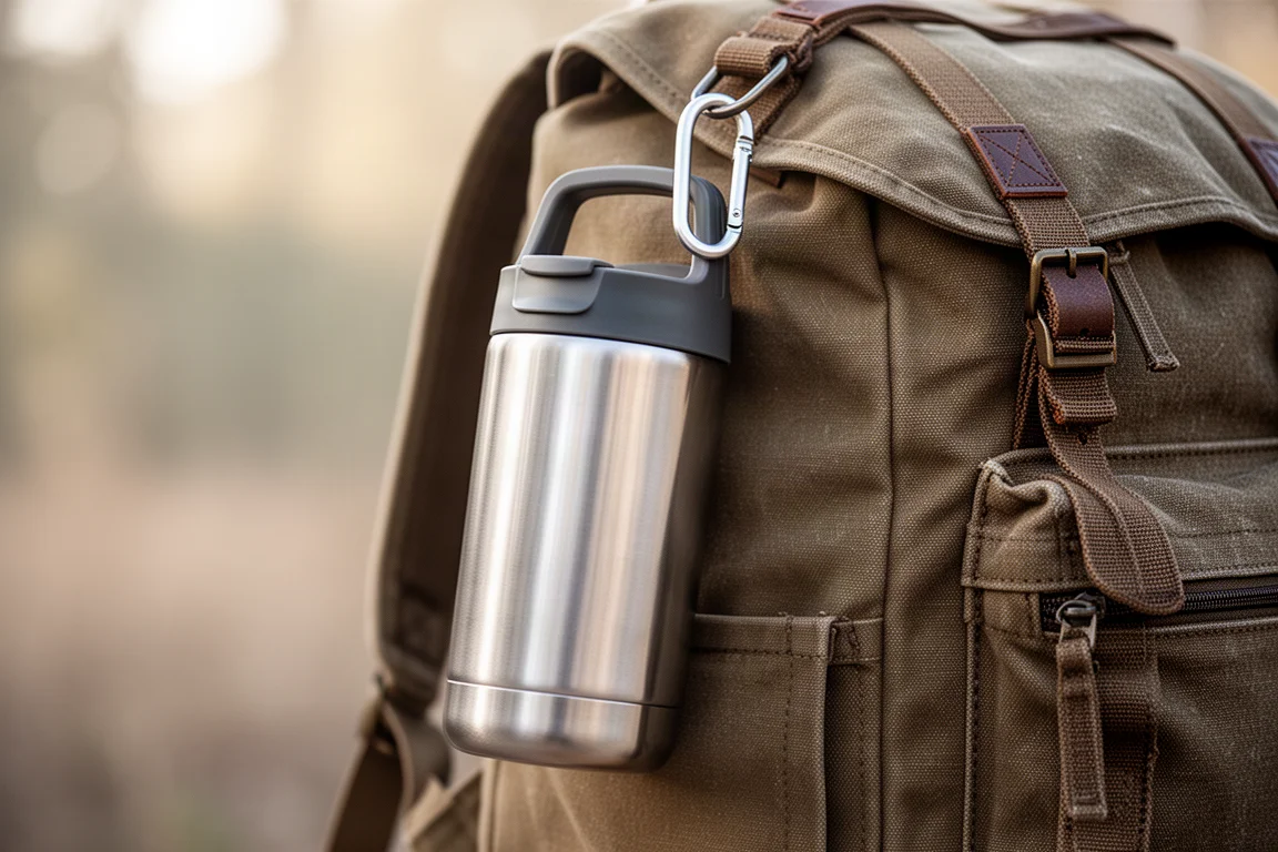 Insulated tumbler hanging from a bag strap by a carabiner clip