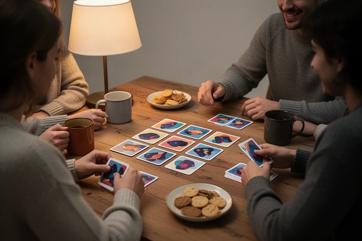 Friends gathered around a table playing a picture card game at night