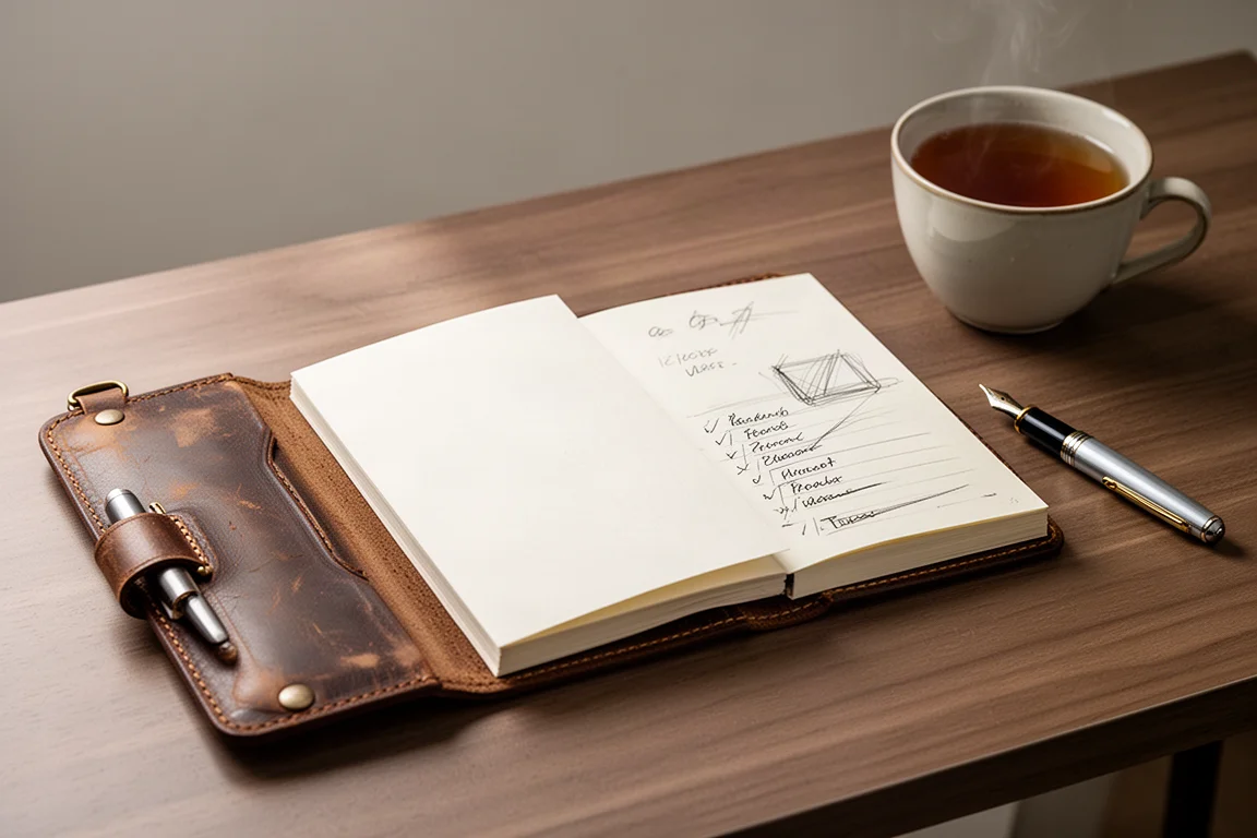 Leather notebook open on a desk with handwritten notes and a pen