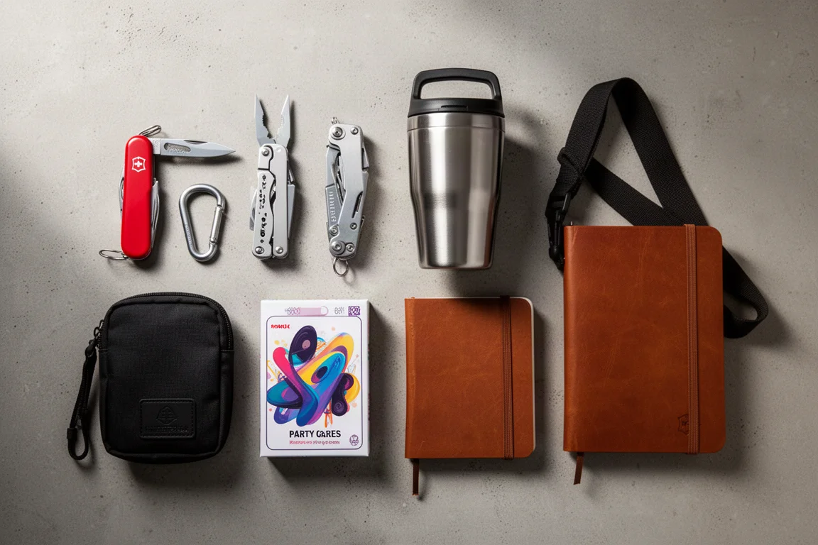 Flat-lay of practical gift items including a pocket knife, tumbler, sling bag, and notebook on concrete