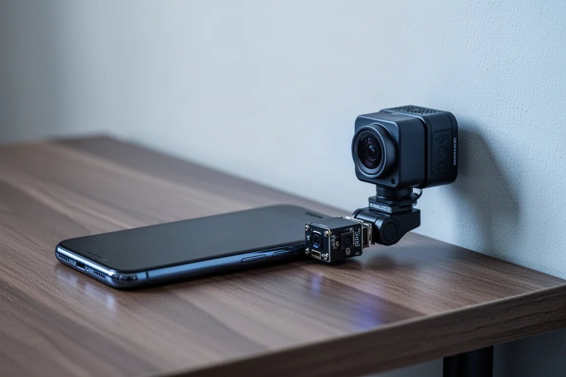 Smartphone mit aufgesetztem Wärmebildkameramodul, das eine Wand abtastet