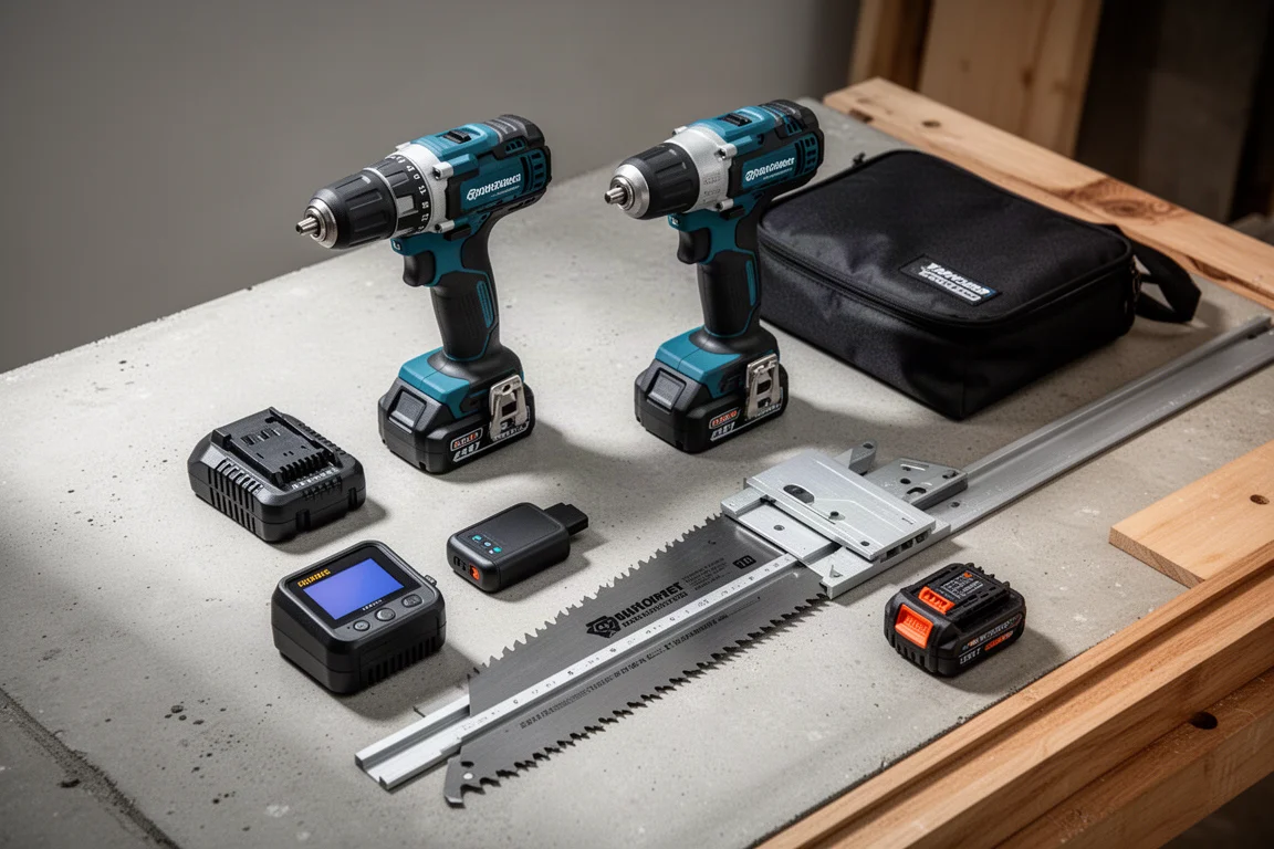 Assorted power tools including a drill combo kit and saw arranged on a concrete workbench