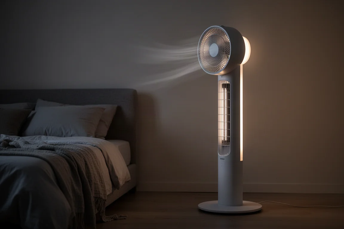 Ventilatore a piedistallo smart acceso in una camera da letto in penombra di notte