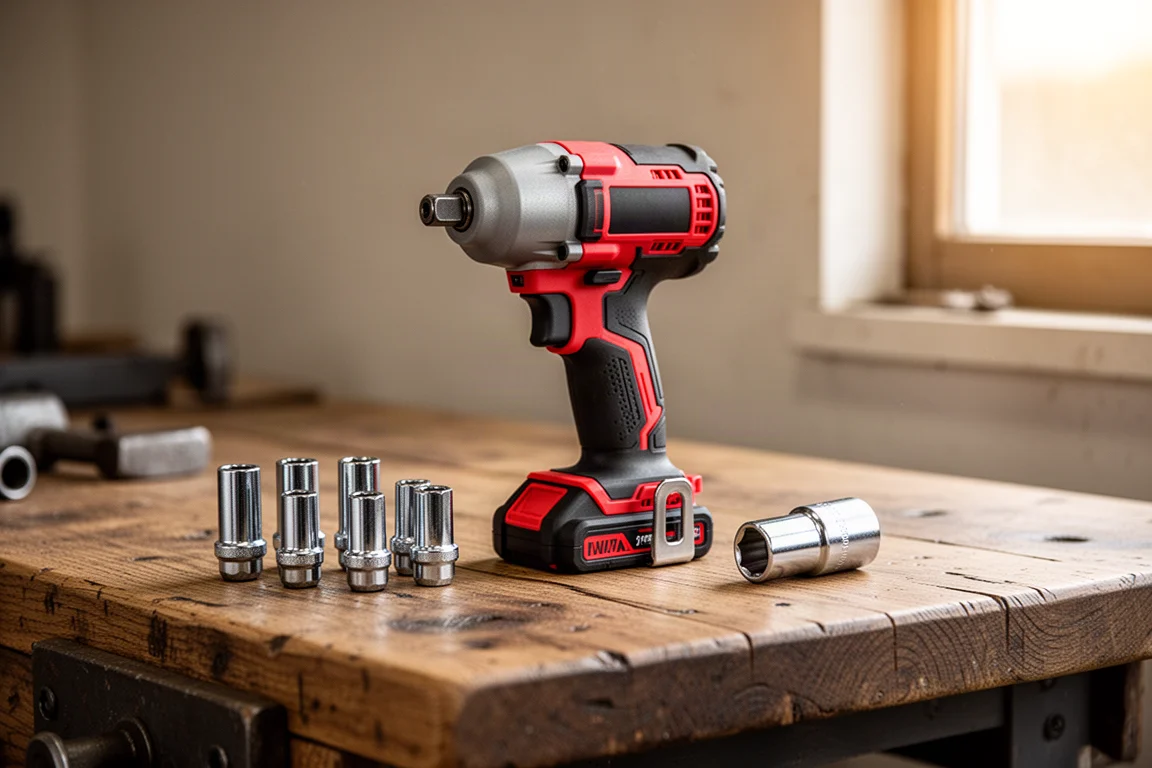 Avvitatore a percussione a batteria appoggiato su una bancata accanto ai dadi dei bulloni