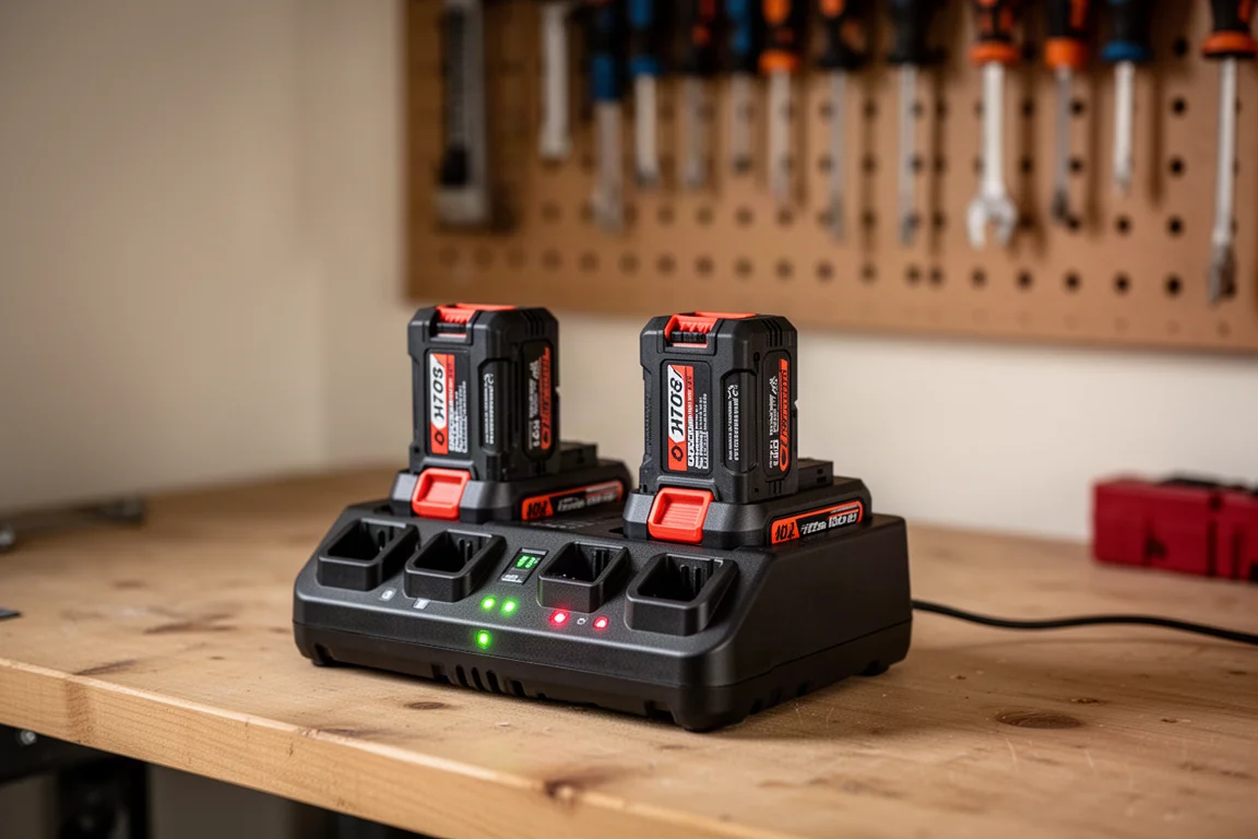 Batterie assortite per utensili a batteria in carica su una mensola del garage