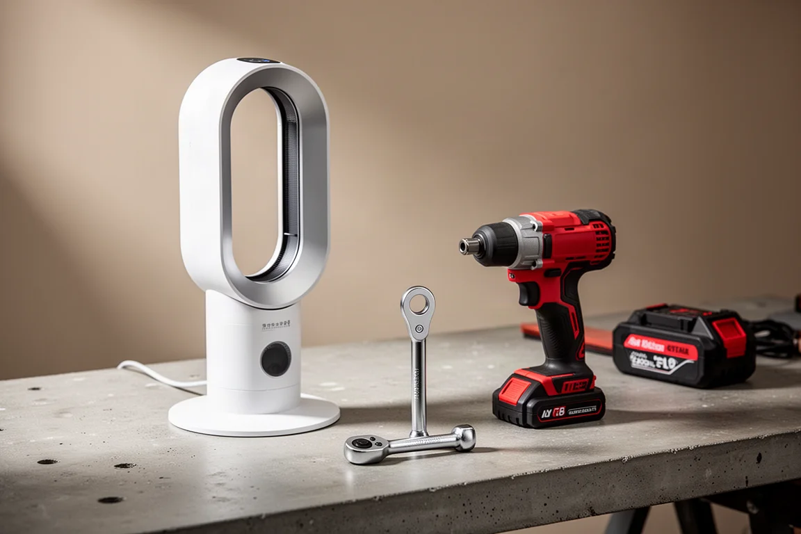 Smart fan, mini ratchet, impact wrench, and mower battery arranged on a concrete bench