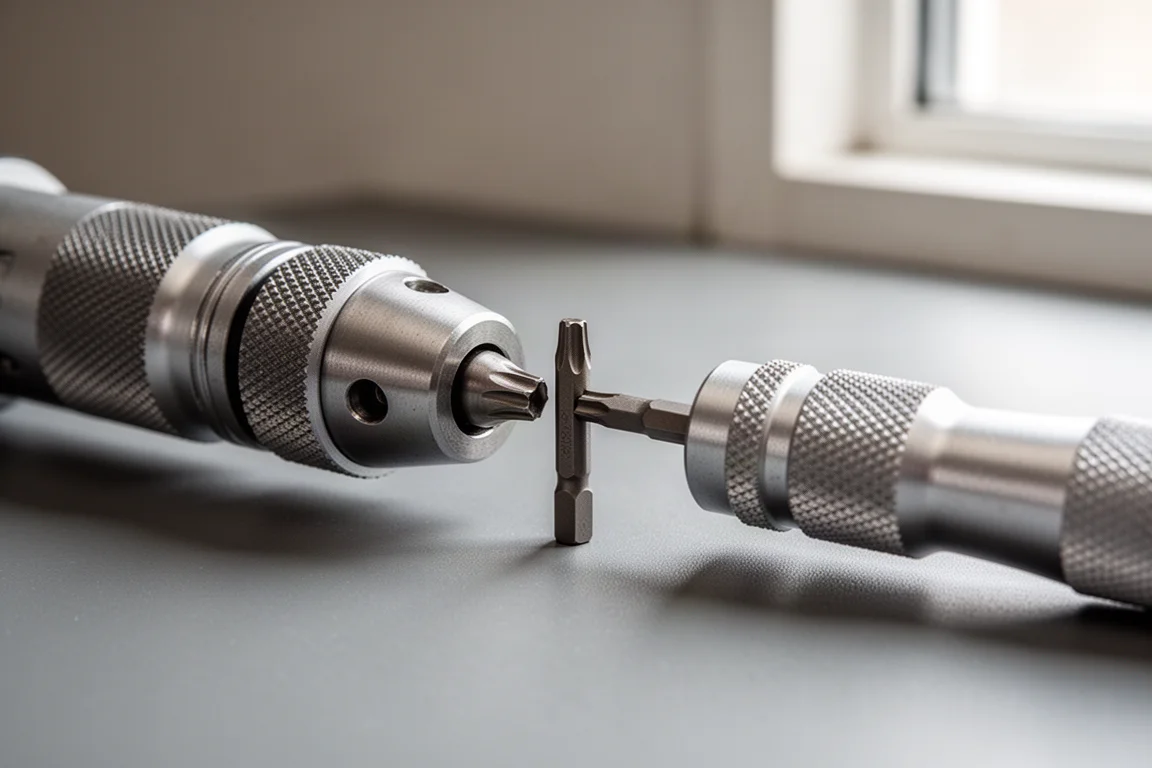 Close-up of a small Torx bit being inserted into the tip of a precision screwdriver