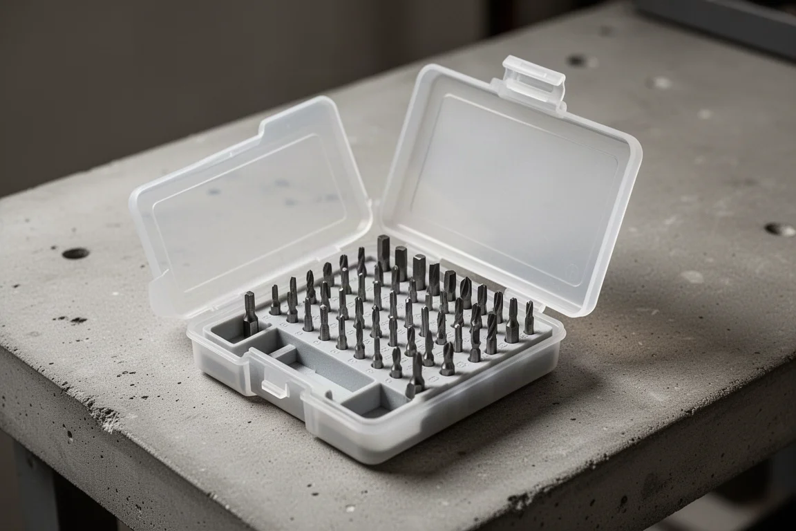 Open plastic precision bit case with bits laid out in rows