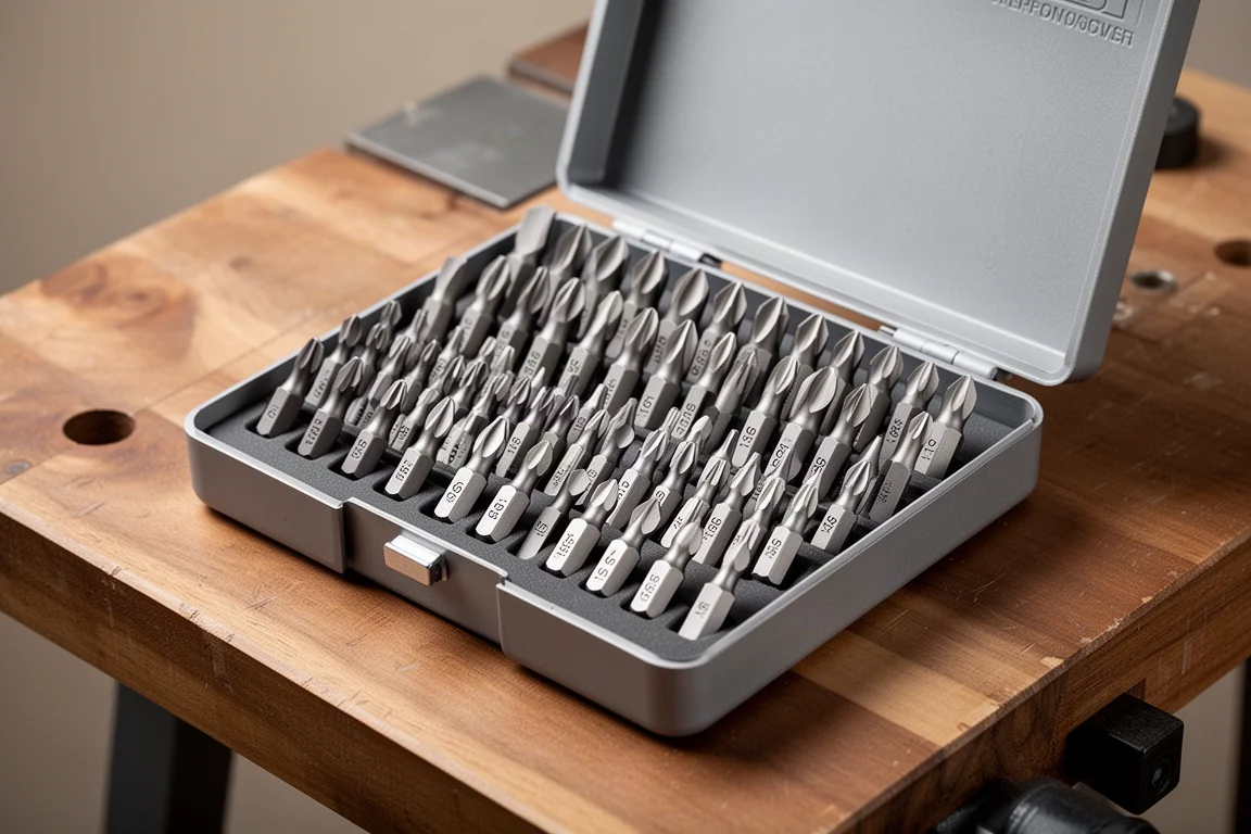 Premium precision bit set with neatly organized double-sided bits in an open case