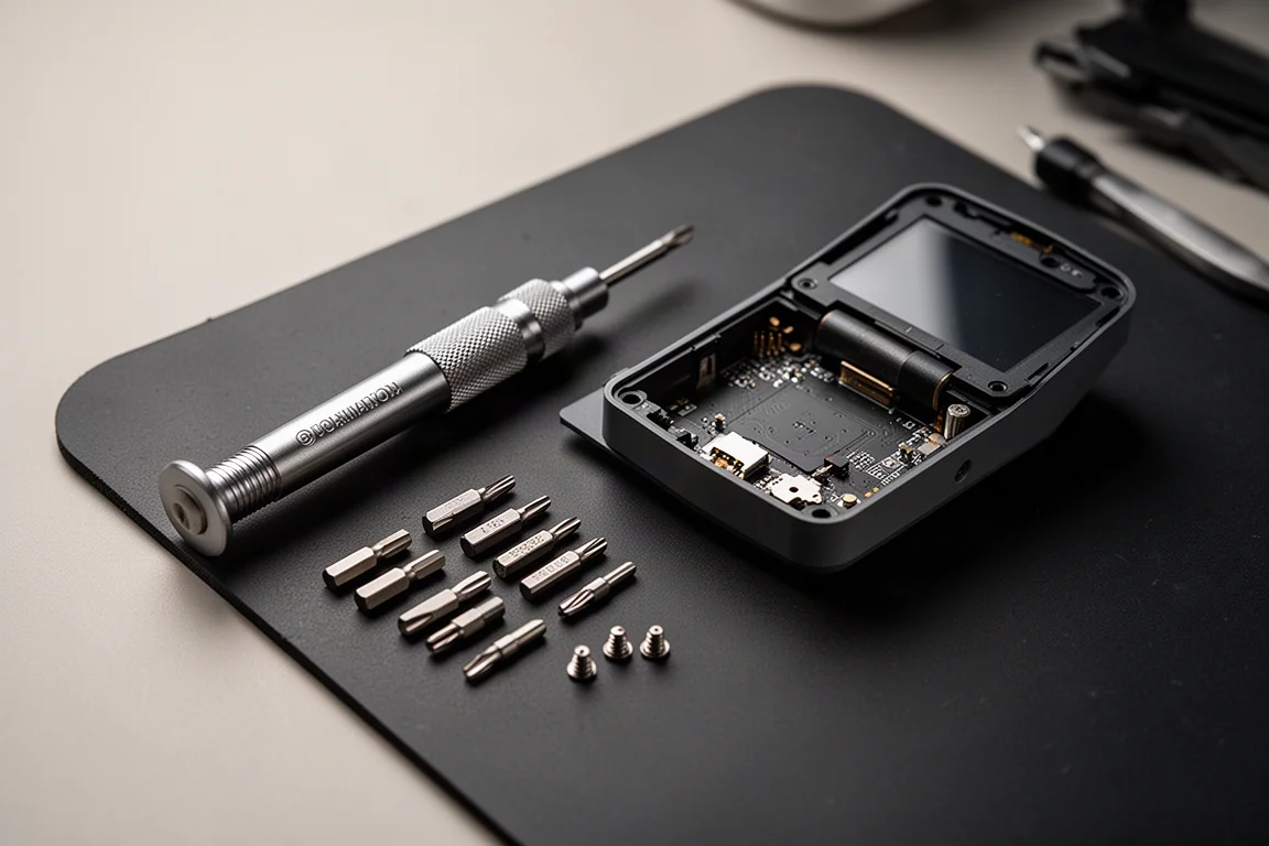 Small precision screwdriver set laid out next to an opened electronic device on a workbench