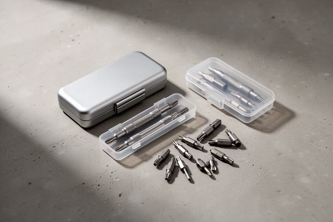 Precision bit cases and small steel bits arranged on a concrete surface