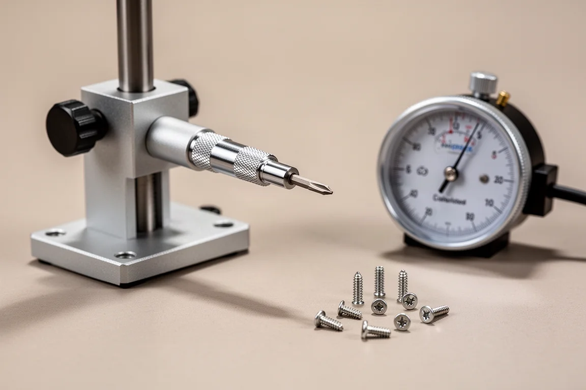 Torque testing rig measuring a precision screwdriver bit under low load