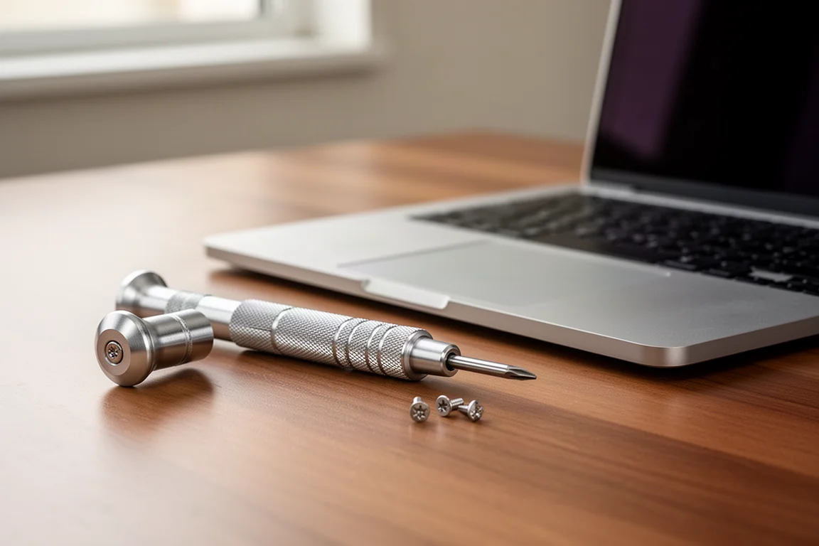 Precision screwdriver with knurled handle and swivel cap held over a disassembled laptop