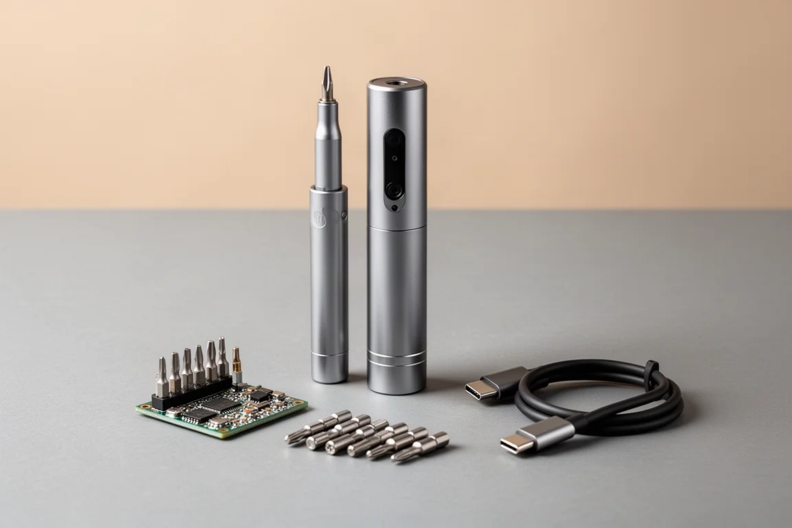 Compact electric precision screwdriver beside small circuit board on workbench