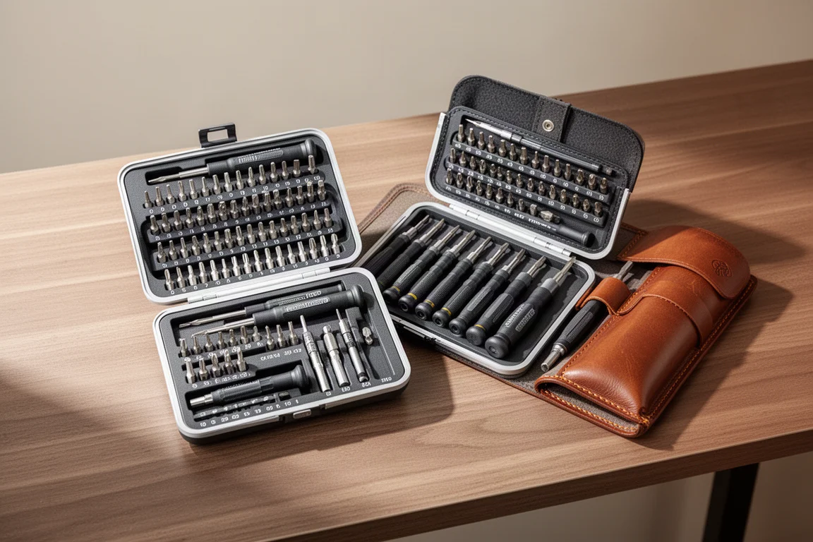 Opened precision bit kit cases laid out on a desk with organized bit trays