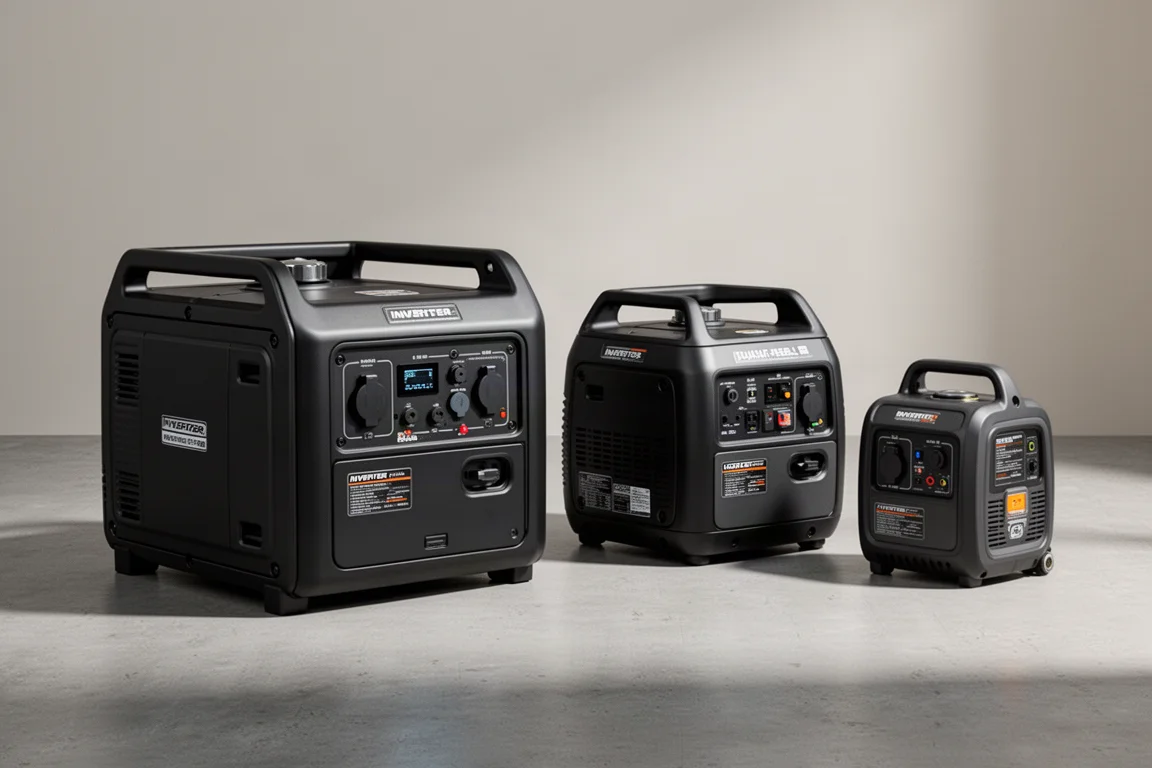 Lineup of portable Predator-style generators of different sizes on concrete