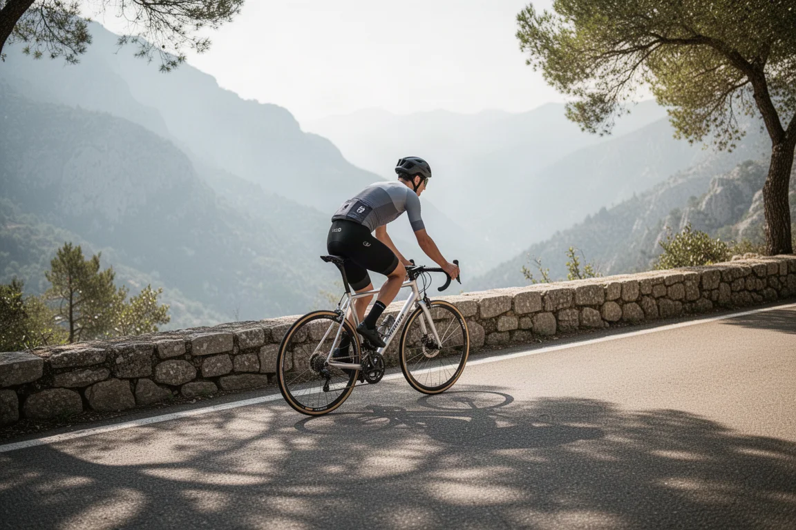 Radfahrer beim Anstieg auf einer steilen, sonnigen Bergstraße auf einem silbernen Aluminium-Rennrad