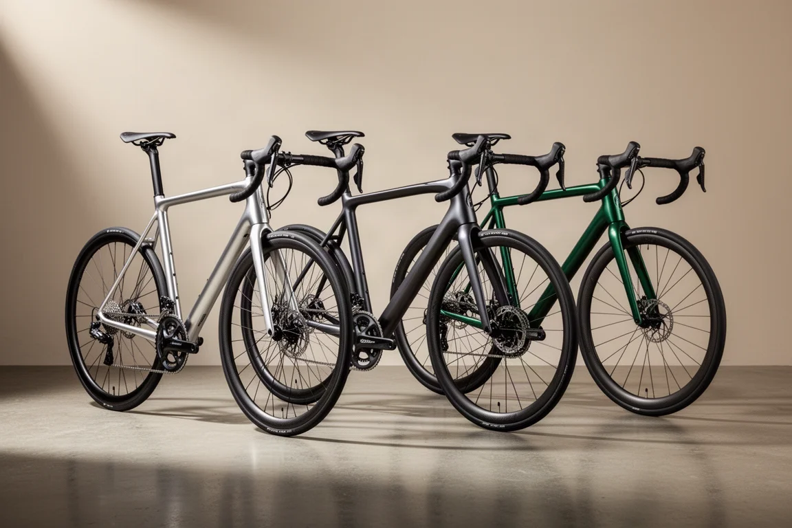 Three aluminum road race bikes lined up on a matte concrete floor in soft studio light