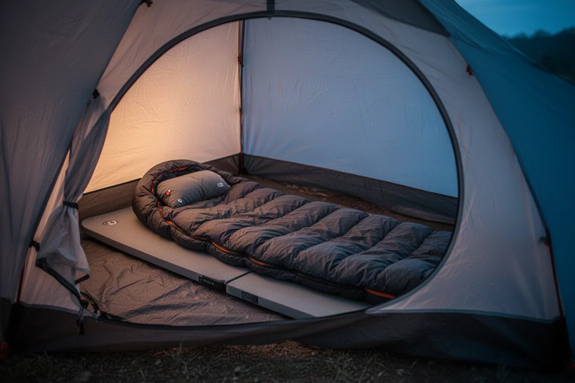 Draufsicht auf Isomatte, passende Mattenhülle, Innenschlafsack und Kissen