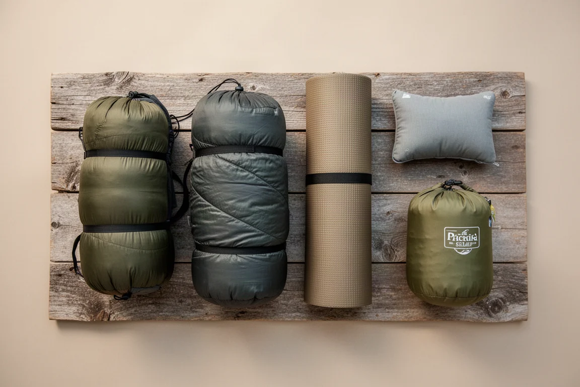 Draufsicht auf zwei Packsäcke, ein Thermometer, eine Karte und eine Stirnlampe auf Holz