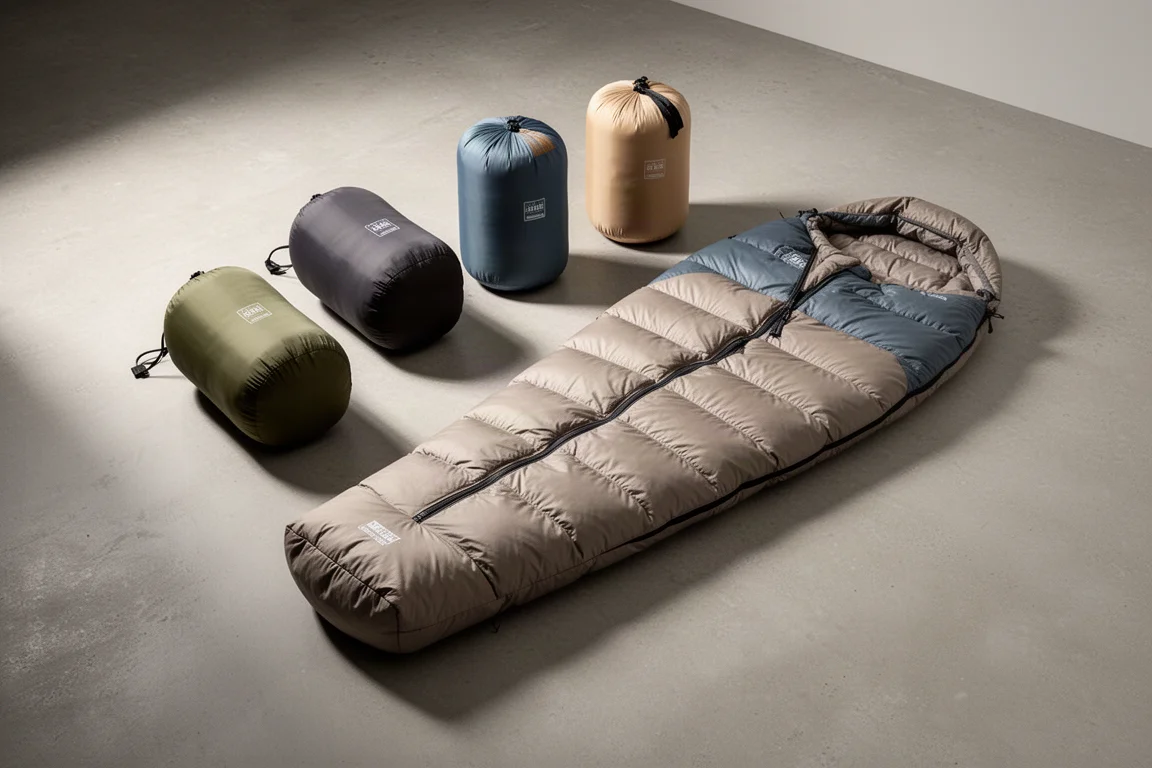 Five packed and unrolled down sleeping bags arranged on a concrete surface