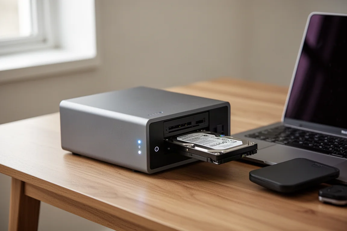 Compacte NAS met harde schijven die op een bureau worden geplaatst