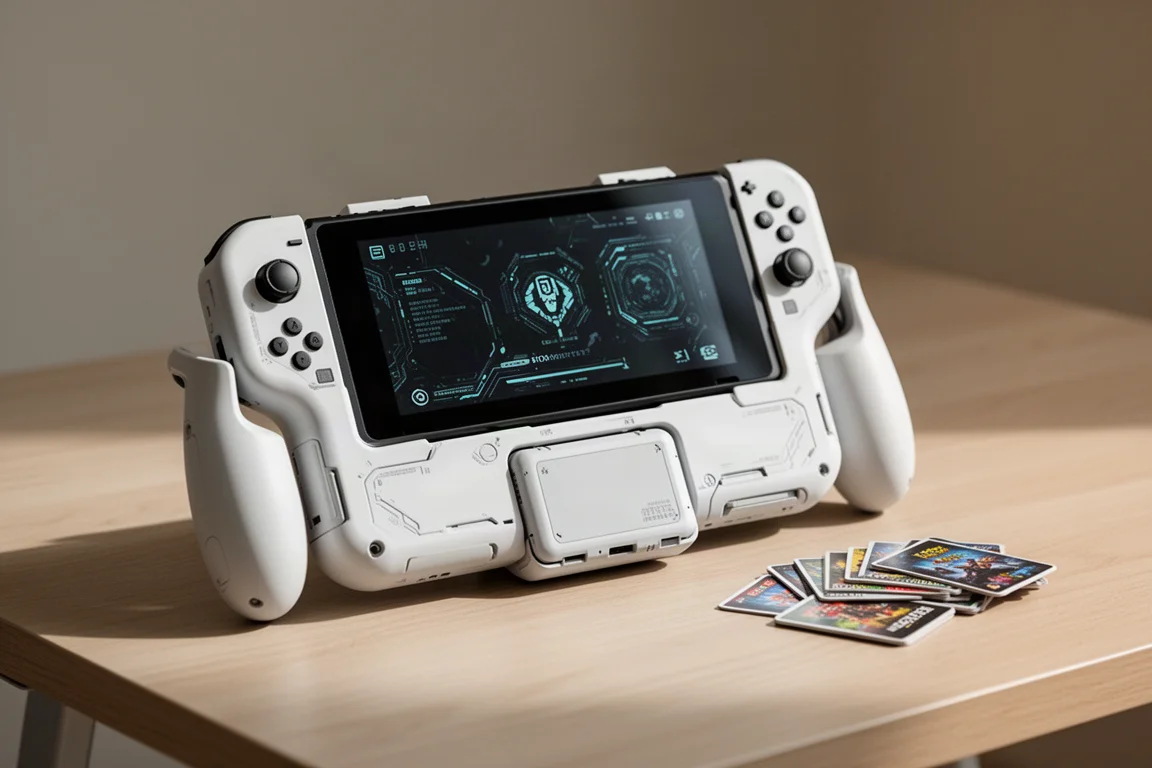 Handheld-console met modulaire grip-hulpstukken en batterijdock op een bureau