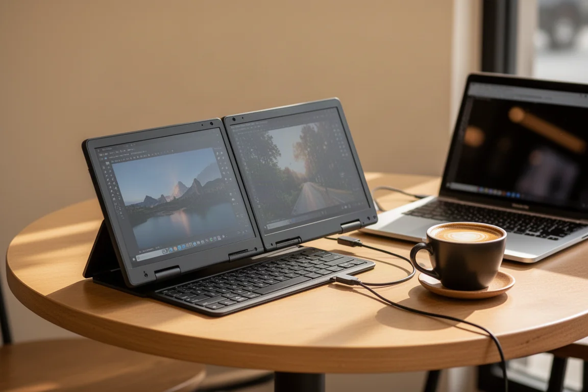 Draagbare dubbele monitor opgeklaapt op een cafétafel met één kabel