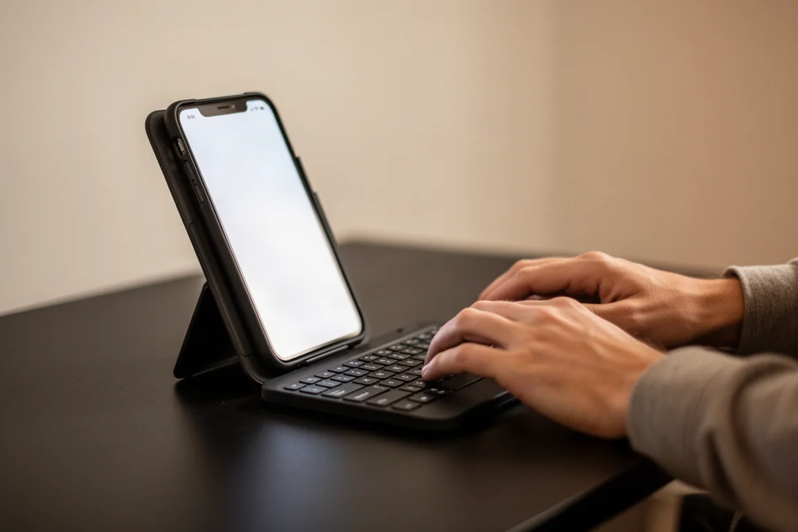 Smartphone met opklikbaar toetsenbord-hoesje in gebruik aan een tafel