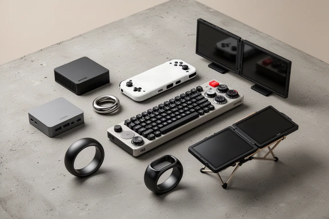 Collection of premium tech and lifestyle products arranged on a concrete surface