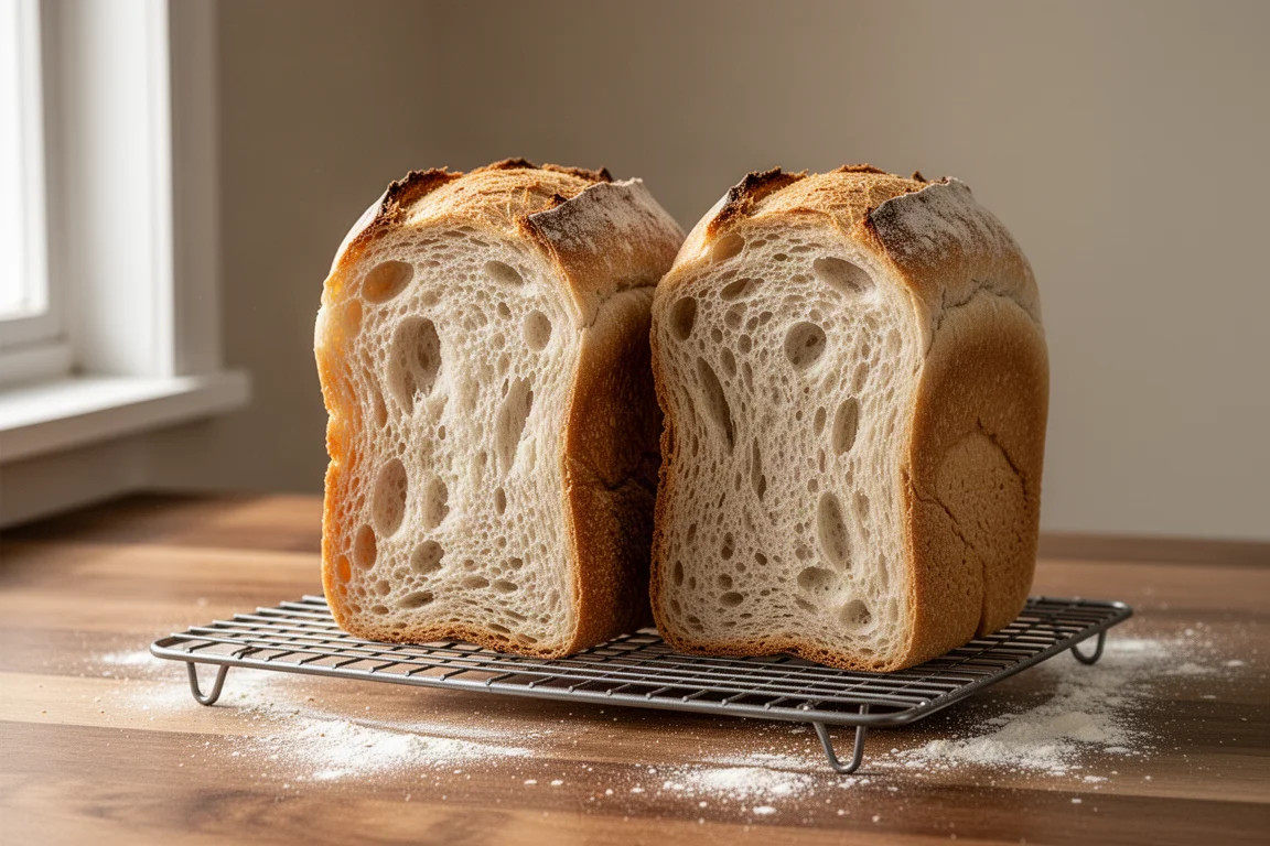 Frisch gebackene Brotlaibe mit offener Krume, abkühlend auf einem Abkitterost