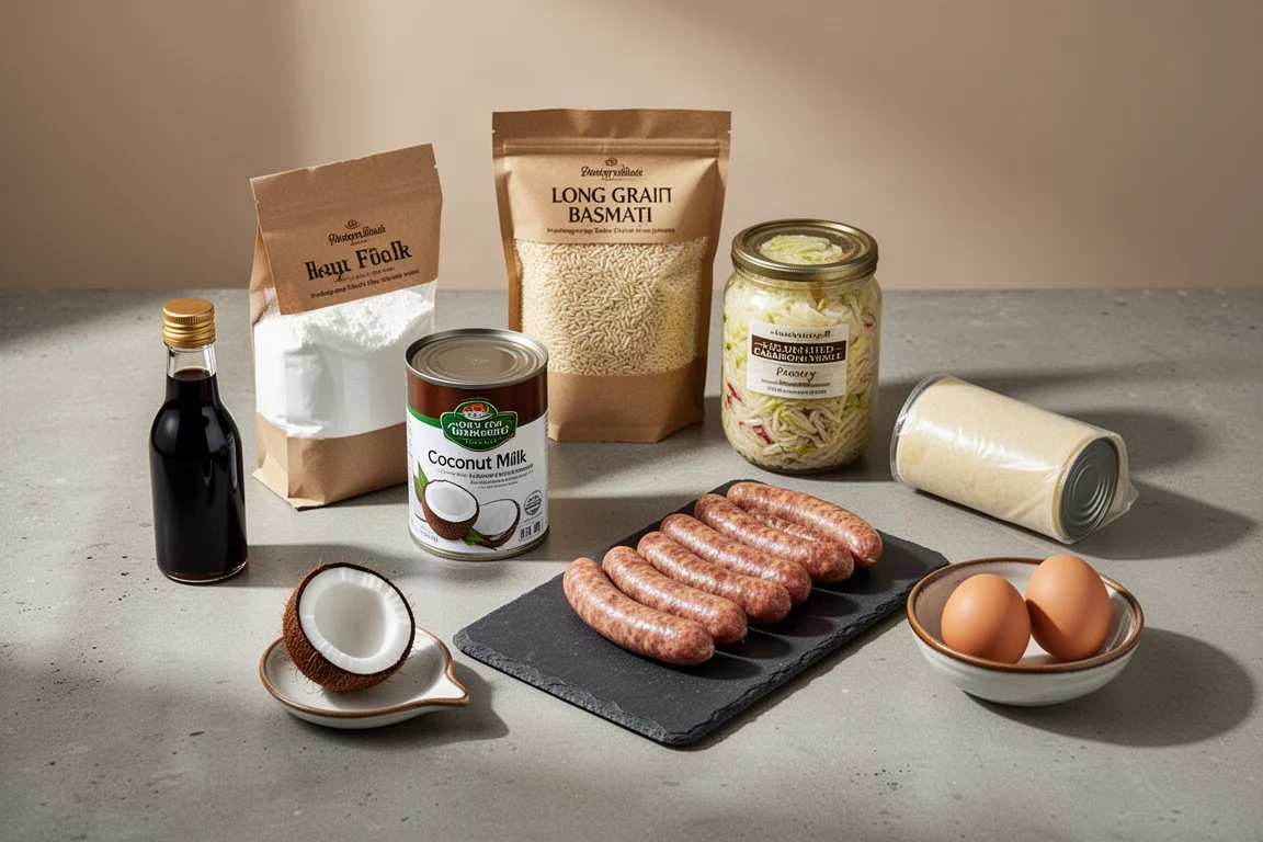 An overhead arrangement of premium pantry staples including soy sauce, rice, flour, coconut milk and eggs on a concrete surface