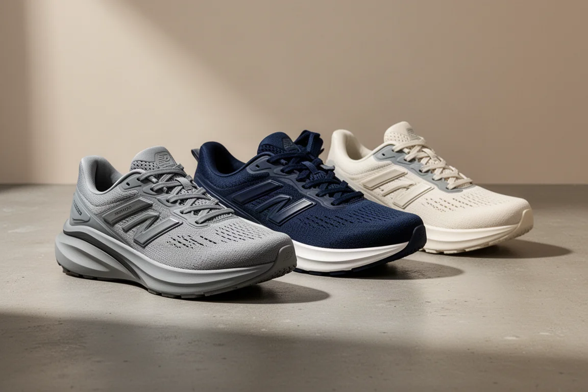 Four premium stability running shoes lined up side by side on concrete