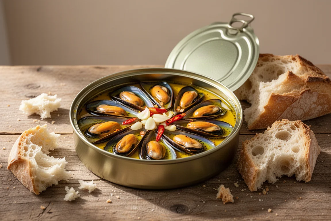Lata abierta de mejillones en aceite especiado dorado junto a rebanadas de pan crujiente