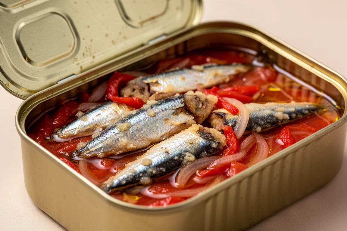 Sardinas pequeñas en salsa de tomate, cebolla y pimiento vistas en primer plano en una lata abierta